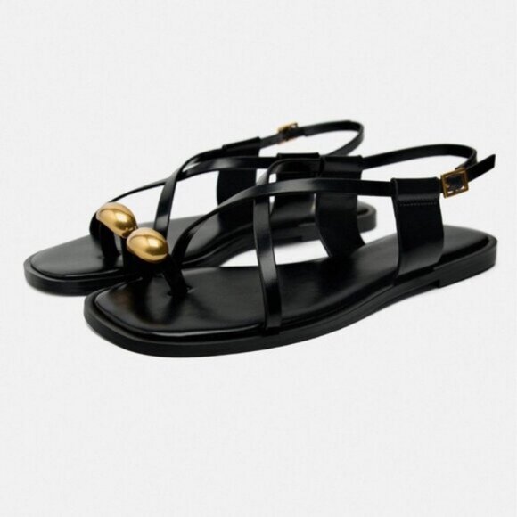 ZARA FLAT STRAPPY SANDALS WITH METAL EMBELLISHMENT - Picture 1 of 5